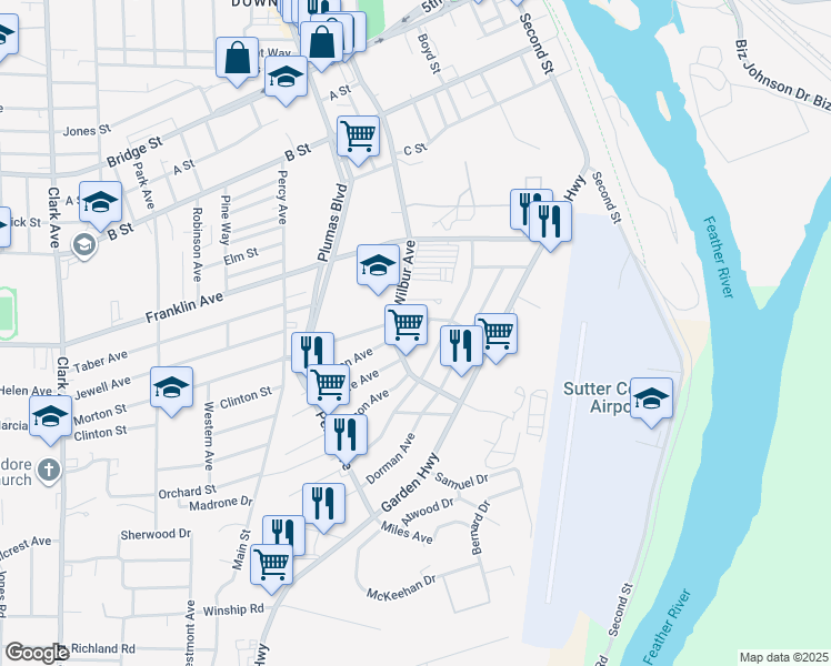 map of restaurants, bars, coffee shops, grocery stores, and more near 221 Moore Avenue in Yuba City