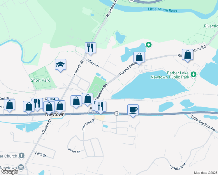 map of restaurants, bars, coffee shops, grocery stores, and more near 3590 Round Bottom Road in Cincinnati
