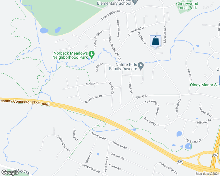 map of restaurants, bars, coffee shops, grocery stores, and more near 16608 Cavalry Drive in Rockville