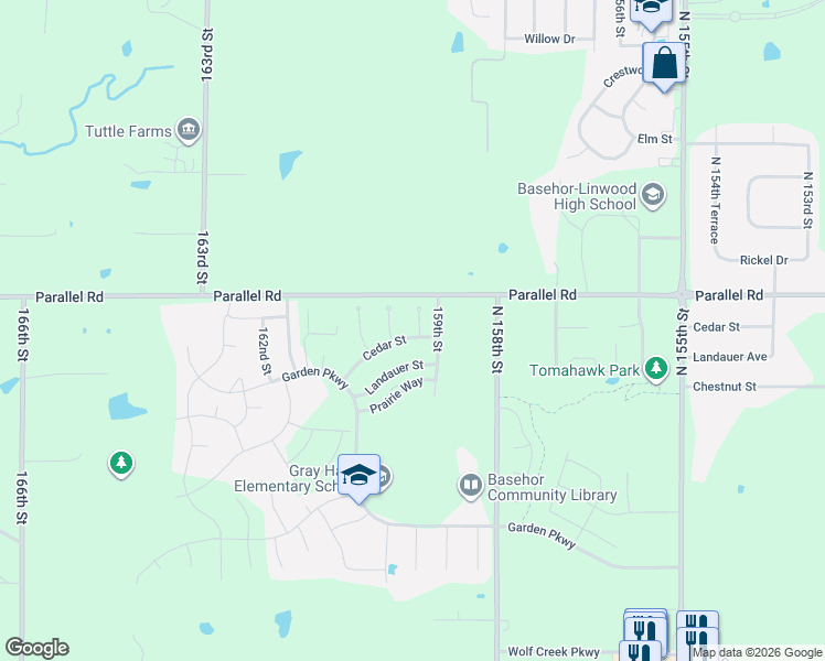 map of restaurants, bars, coffee shops, grocery stores, and more near 1901 159th Terrace in Basehor