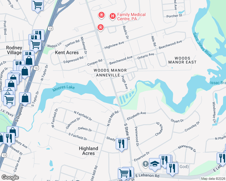 map of restaurants, bars, coffee shops, grocery stores, and more near 1694 South State Street in Dover
