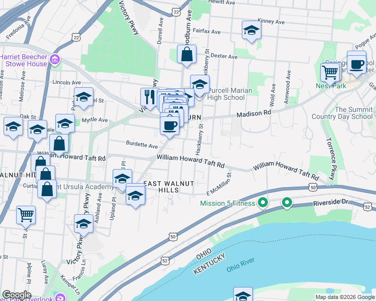 map of restaurants, bars, coffee shops, grocery stores, and more near 2613 Hackberry Street in Cincinnati