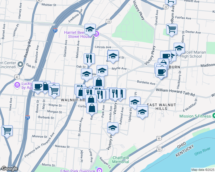 map of restaurants, bars, coffee shops, grocery stores, and more near 2610 Park Avenue in Cincinnati