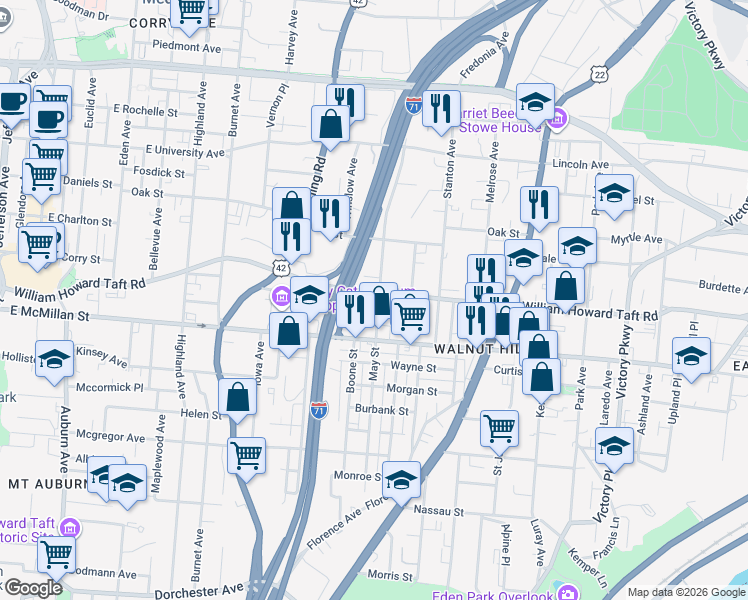 map of restaurants, bars, coffee shops, grocery stores, and more near 664 Crown Street in Cincinnati