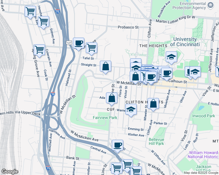 map of restaurants, bars, coffee shops, grocery stores, and more near 2472 Fairview Avenue in Cincinnati