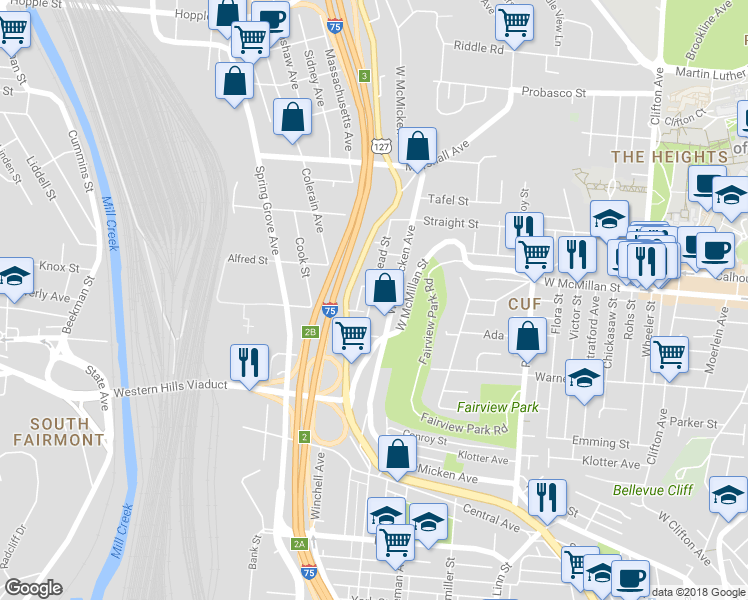 map of restaurants, bars, coffee shops, grocery stores, and more near 2507 Halstead Street in Cincinnati