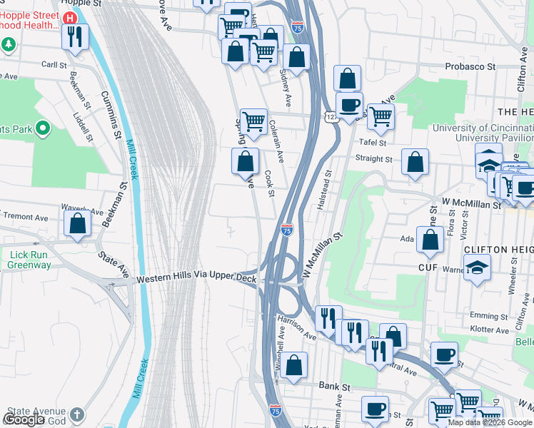 map of restaurants, bars, coffee shops, grocery stores, and more near 1136 Draper Street in Cincinnati