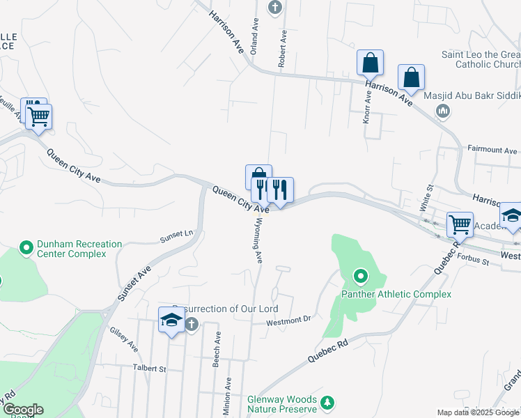 map of restaurants, bars, coffee shops, grocery stores, and more near 2203 Queen City Avenue in Cincinnati