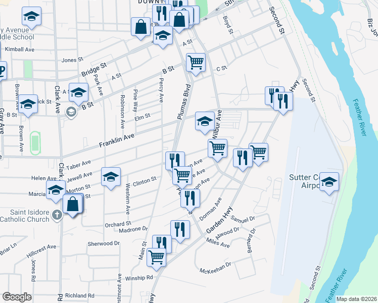 map of restaurants, bars, coffee shops, grocery stores, and more near 249 Del Monte Avenue in Yuba City