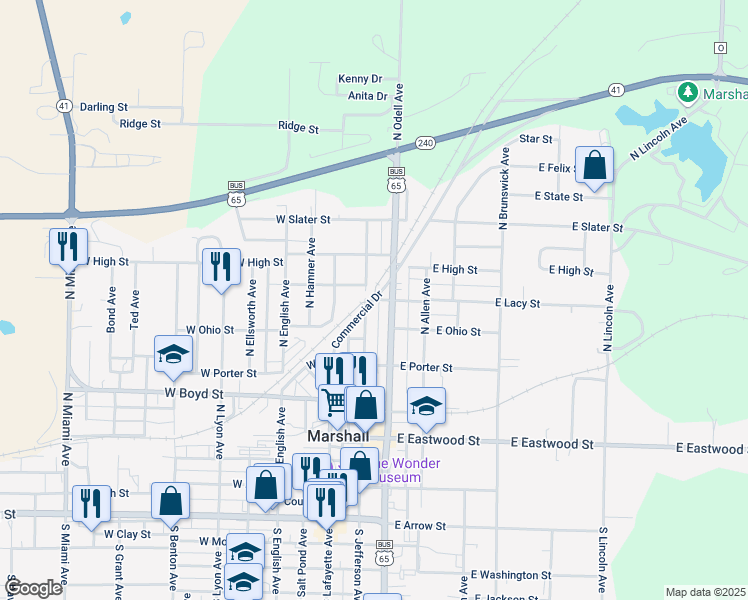 map of restaurants, bars, coffee shops, grocery stores, and more near County Road O in Marshall