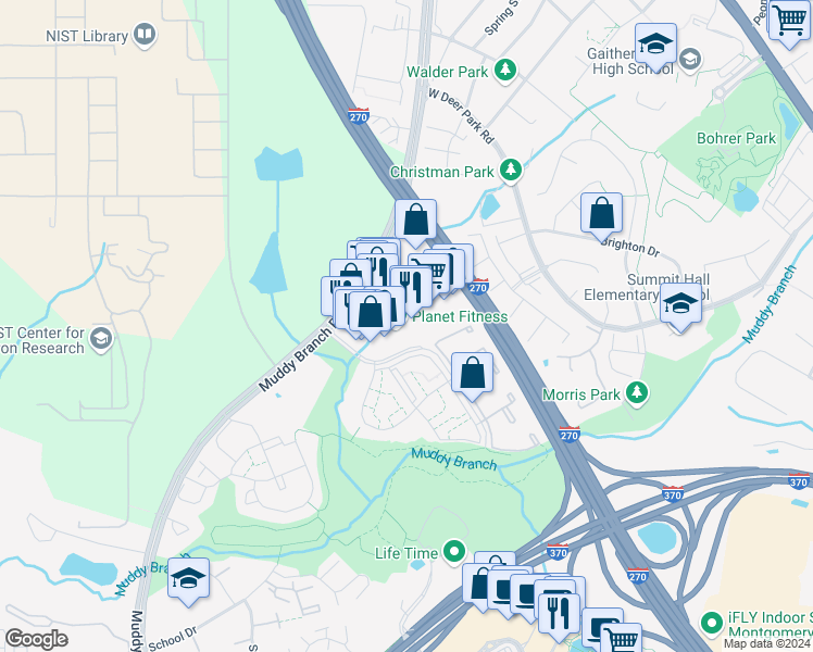 map of restaurants, bars, coffee shops, grocery stores, and more near 243 Muddy Branch Road in Gaithersburg