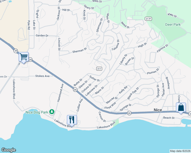 map of restaurants, bars, coffee shops, grocery stores, and more near 2850 Sutter Street in Nice