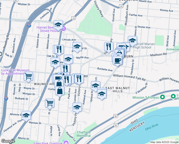map of restaurants, bars, coffee shops, grocery stores, and more near 1302 William Howard Taft Road in Cincinnati