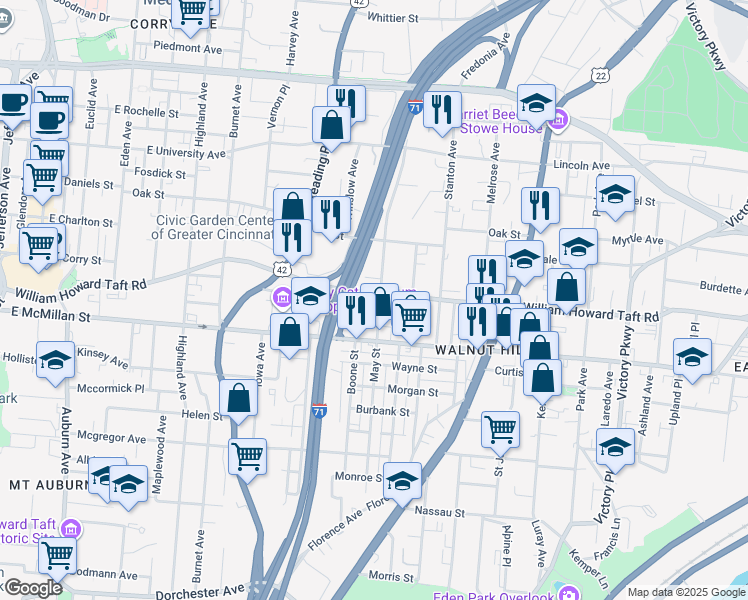 map of restaurants, bars, coffee shops, grocery stores, and more near 664 Crown Street in Cincinnati