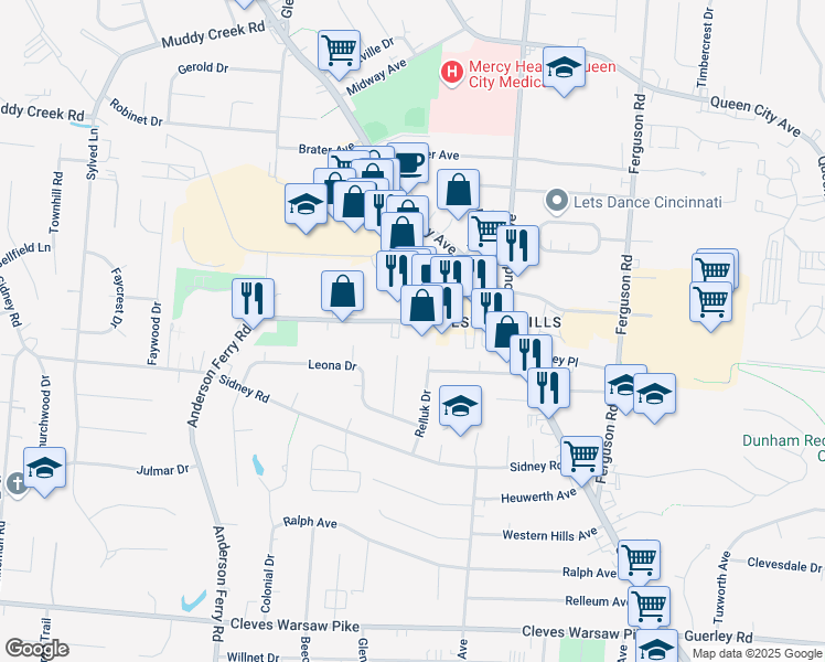 map of restaurants, bars, coffee shops, grocery stores, and more near 5107 Crookshank Road in Cincinnati