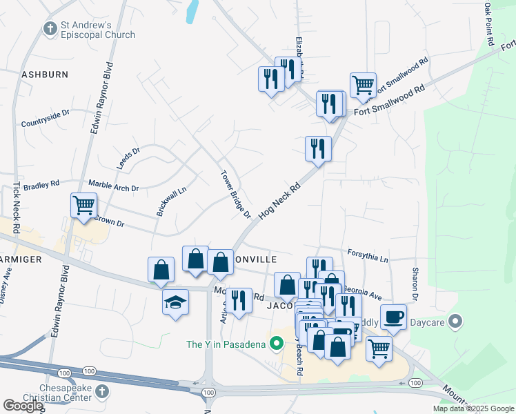 map of restaurants, bars, coffee shops, grocery stores, and more near 8144 Hog Neck Road in Pasadena