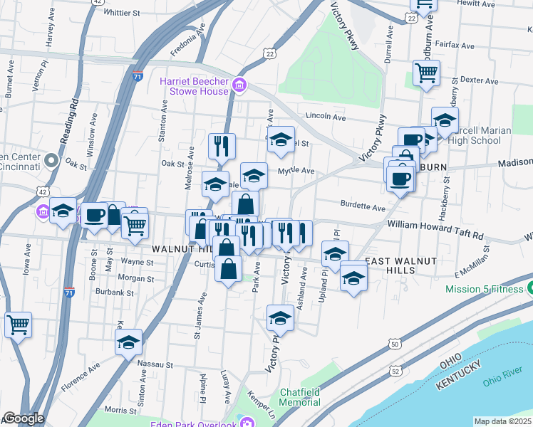 map of restaurants, bars, coffee shops, grocery stores, and more near 2610 Park Avenue in Cincinnati