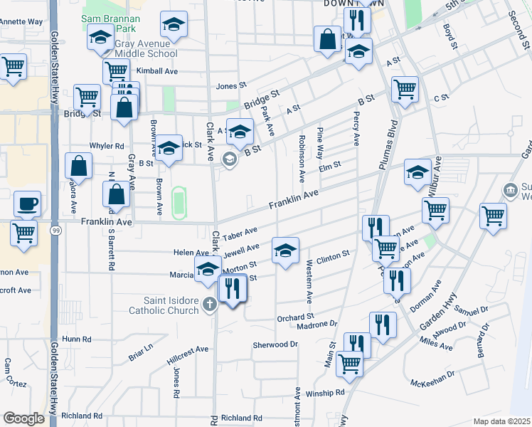 map of restaurants, bars, coffee shops, grocery stores, and more near 835 Taber Avenue in Yuba City