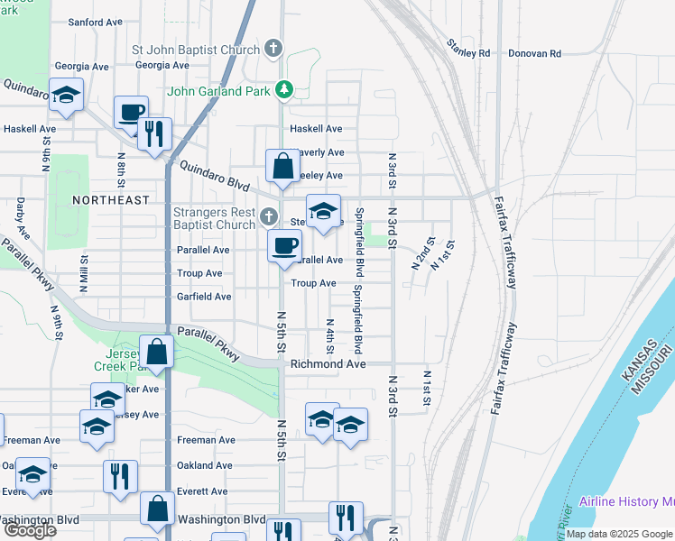 map of restaurants, bars, coffee shops, grocery stores, and more near 417 Parallel Avenue in Kansas City