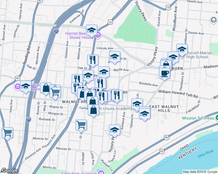 map of restaurants, bars, coffee shops, grocery stores, and more near 2610 Park Avenue in Cincinnati