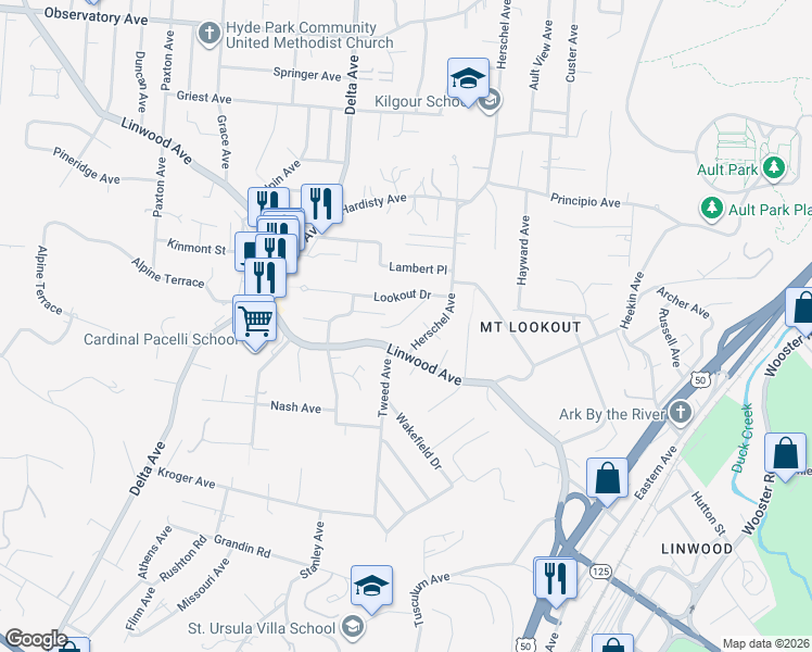 map of restaurants, bars, coffee shops, grocery stores, and more near 1117 Herschel Avenue in Cincinnati