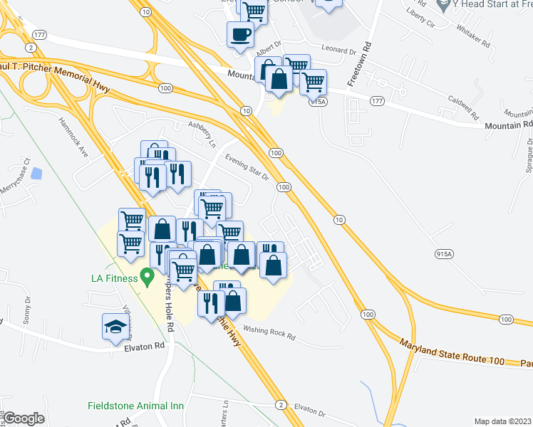 map of restaurants, bars, coffee shops, grocery stores, and more near 104 Dark Sky Crossing in Pasadena