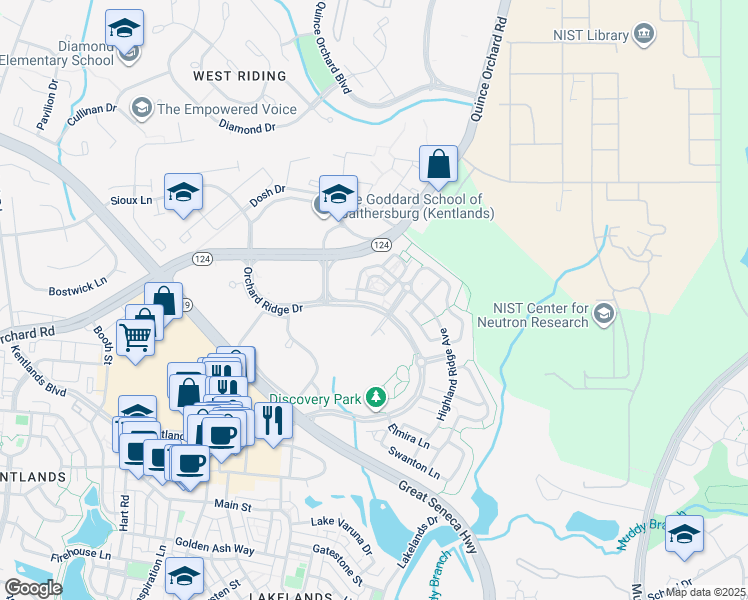 map of restaurants, bars, coffee shops, grocery stores, and more near 430 Orchard Ridge Drive in Gaithersburg