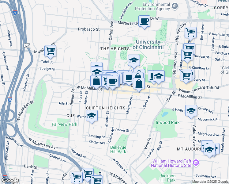 map of restaurants, bars, coffee shops, grocery stores, and more near 207 West McMillan Street in Cincinnati