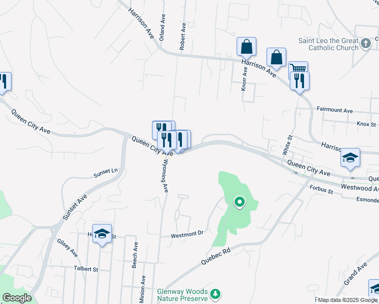 map of restaurants, bars, coffee shops, grocery stores, and more near 2145 Queen City Avenue in Cincinnati