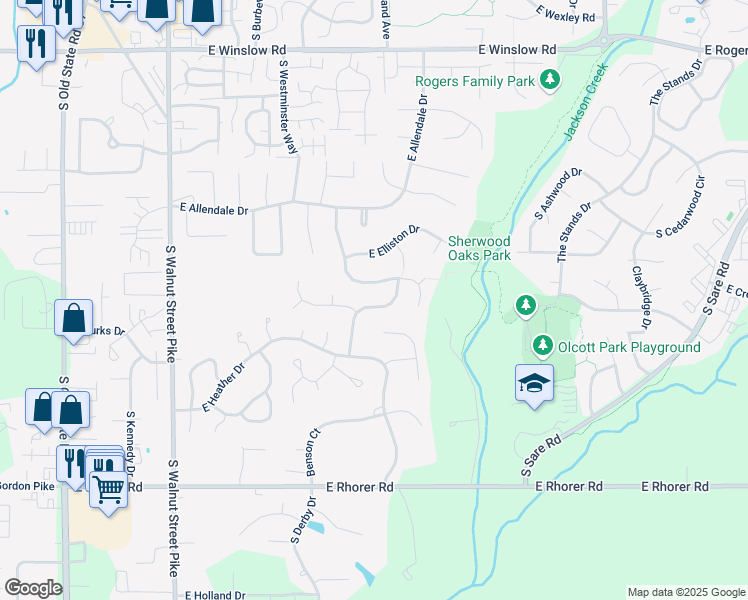 map of restaurants, bars, coffee shops, grocery stores, and more near 3818 South Laura Way in Bloomington