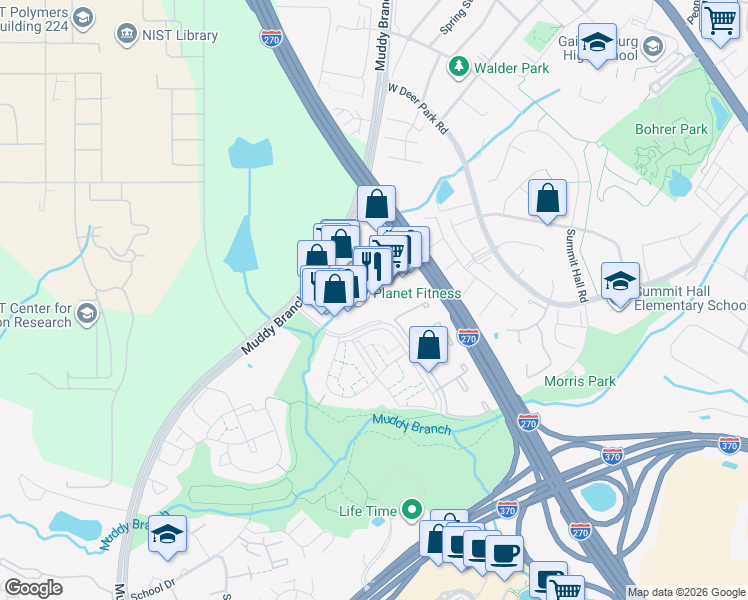 map of restaurants, bars, coffee shops, grocery stores, and more near 239 Muddy Branch Road in Gaithersburg