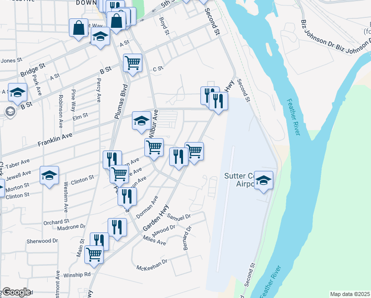 map of restaurants, bars, coffee shops, grocery stores, and more near 130 Del Monte Avenue in Yuba City