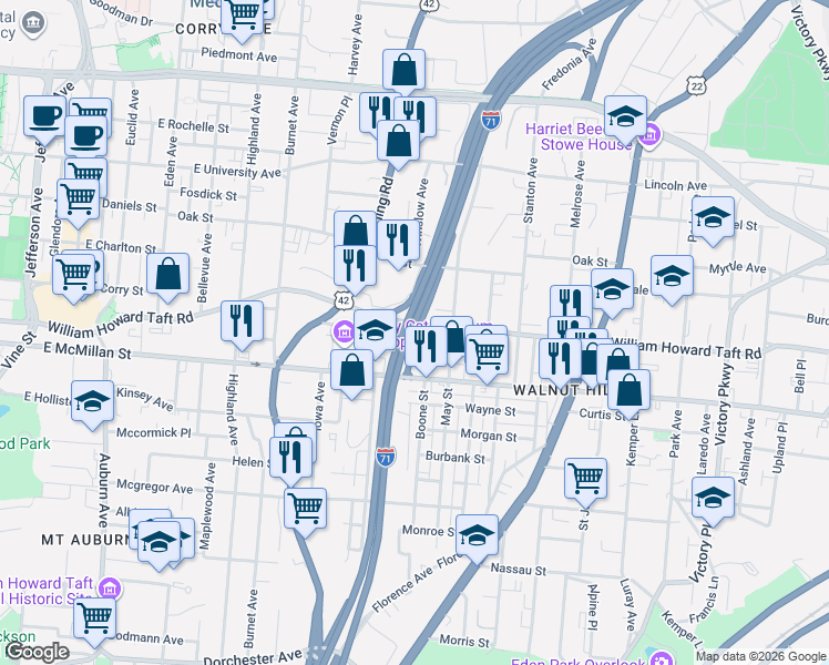 map of restaurants, bars, coffee shops, grocery stores, and more near 636 Crown Street in Cincinnati