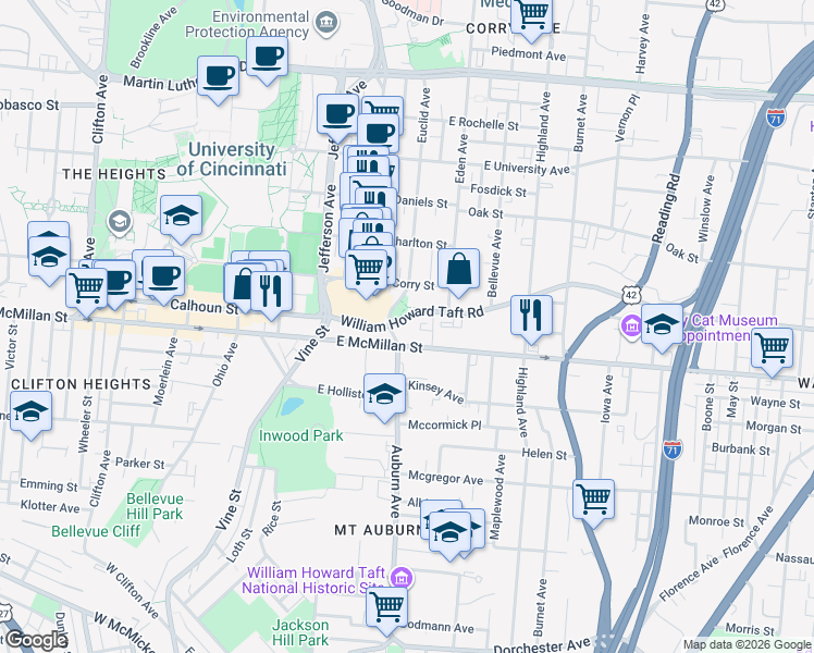 map of restaurants, bars, coffee shops, grocery stores, and more near 2508 Auburn Avenue in Cincinnati