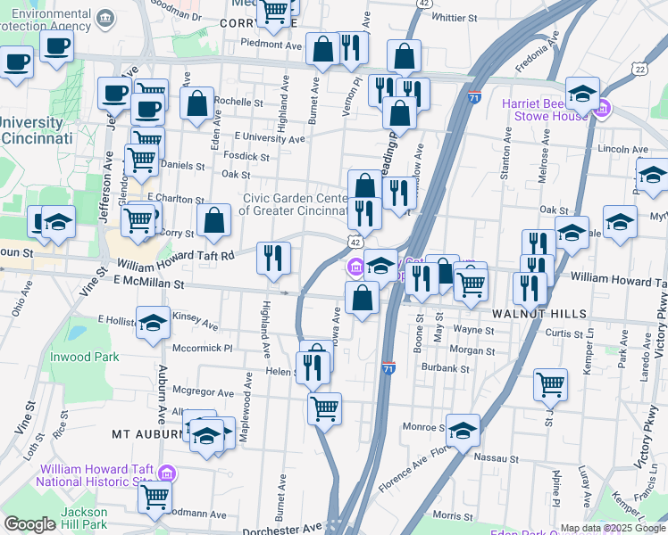 map of restaurants, bars, coffee shops, grocery stores, and more near 2542 Reading Road in Cincinnati