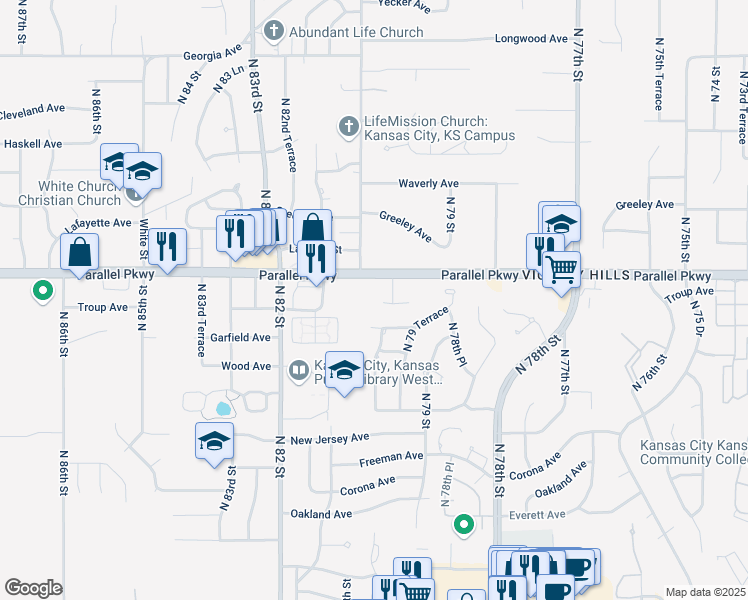 map of restaurants, bars, coffee shops, grocery stores, and more near 1944 North 80th Court in Kansas City