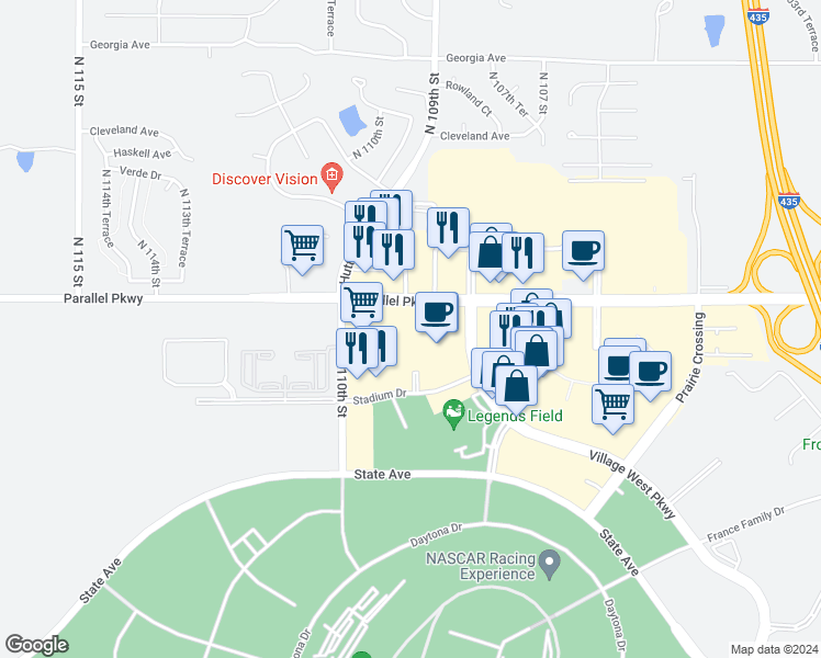 map of restaurants, bars, coffee shops, grocery stores, and more near 10904 Stadium Drive in Kansas City