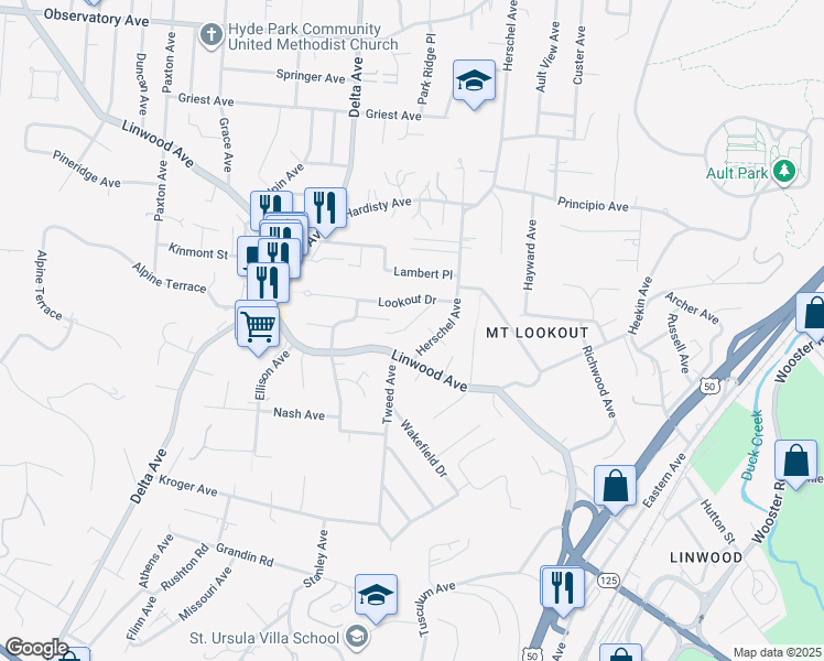 map of restaurants, bars, coffee shops, grocery stores, and more near 1117 Herschel Avenue in Cincinnati
