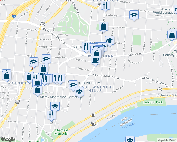 map of restaurants, bars, coffee shops, grocery stores, and more near 2609 Woodburn Avenue in Cincinnati