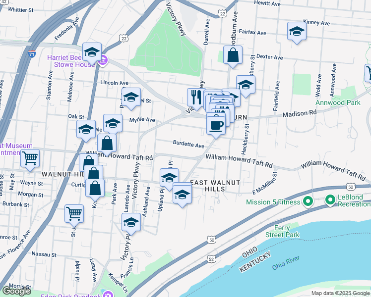 map of restaurants, bars, coffee shops, grocery stores, and more near 1350 William Howard Taft Road in Cincinnati