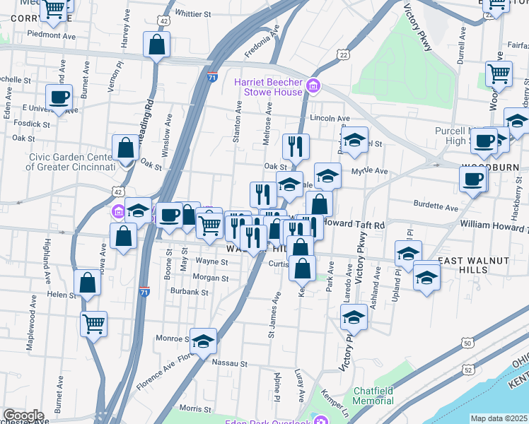 map of restaurants, bars, coffee shops, grocery stores, and more near 2600 Melrose Avenue in Cincinnati