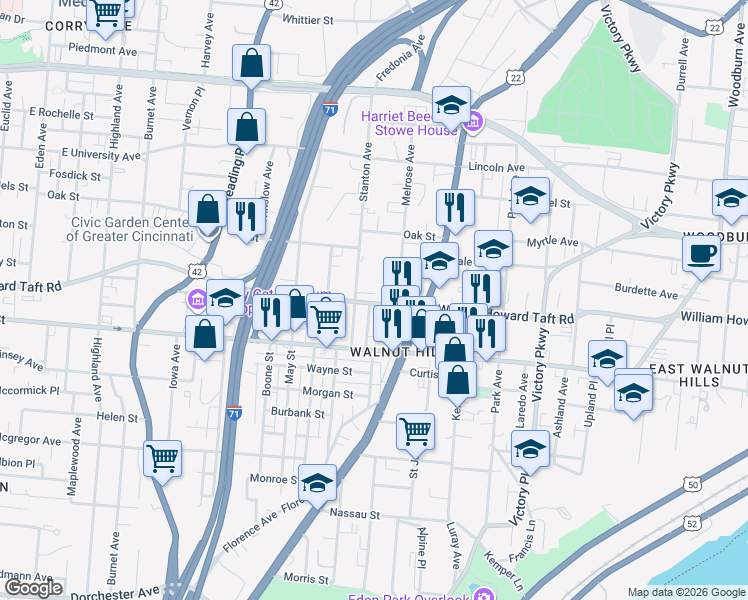 map of restaurants, bars, coffee shops, grocery stores, and more near 801 William Howard Taft Road in Cincinnati