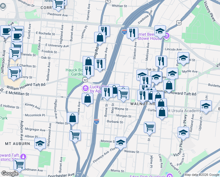 map of restaurants, bars, coffee shops, grocery stores, and more near 664 Crown Street in Cincinnati