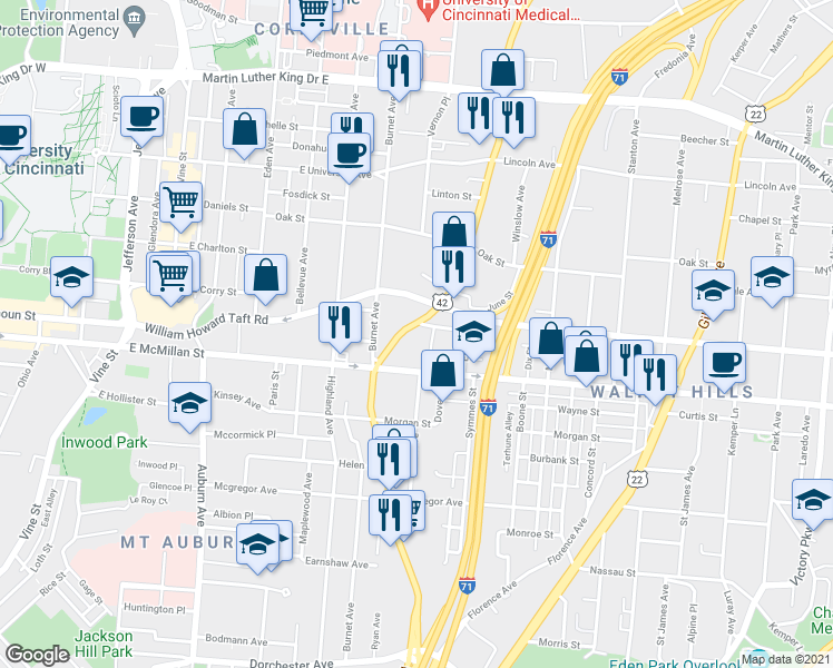 map of restaurants, bars, coffee shops, grocery stores, and more near 501 Minnesota Street in Cincinnati