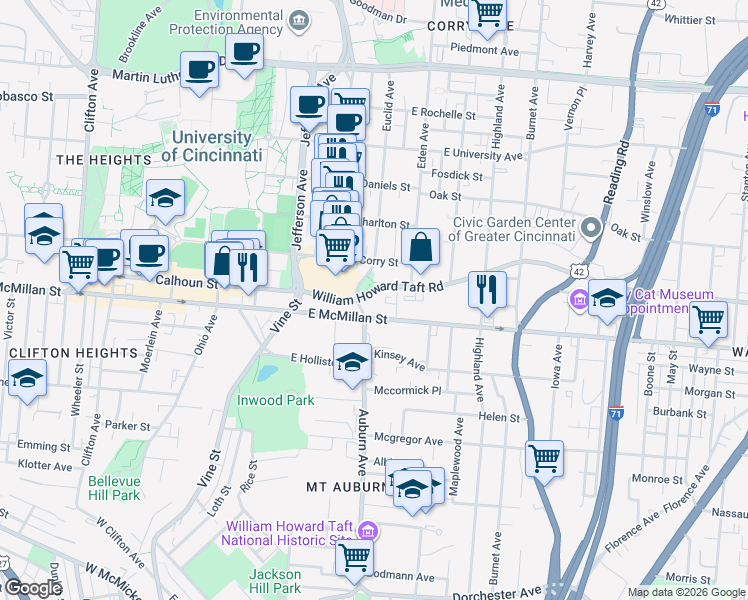 map of restaurants, bars, coffee shops, grocery stores, and more near 2508 Auburn Avenue in Cincinnati