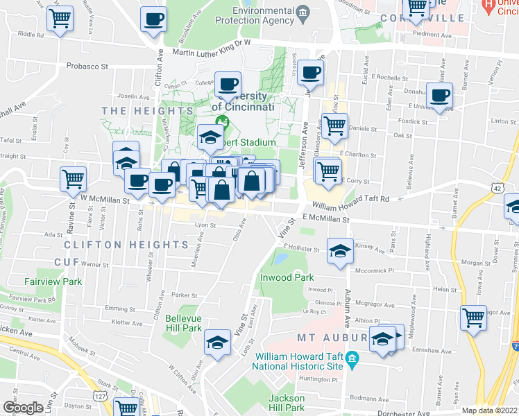 map of restaurants, bars, coffee shops, grocery stores, and more near in Cincinnati
