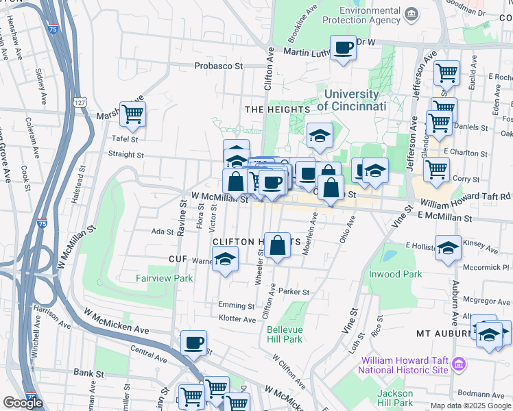 map of restaurants, bars, coffee shops, grocery stores, and more near 2377 Wheeler Street in Cincinnati
