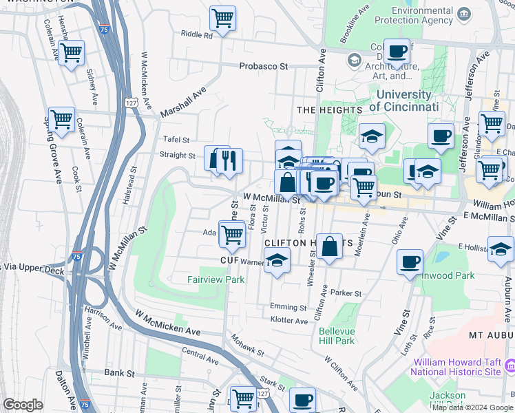 map of restaurants, bars, coffee shops, grocery stores, and more near 2372 Victor Street in Cincinnati