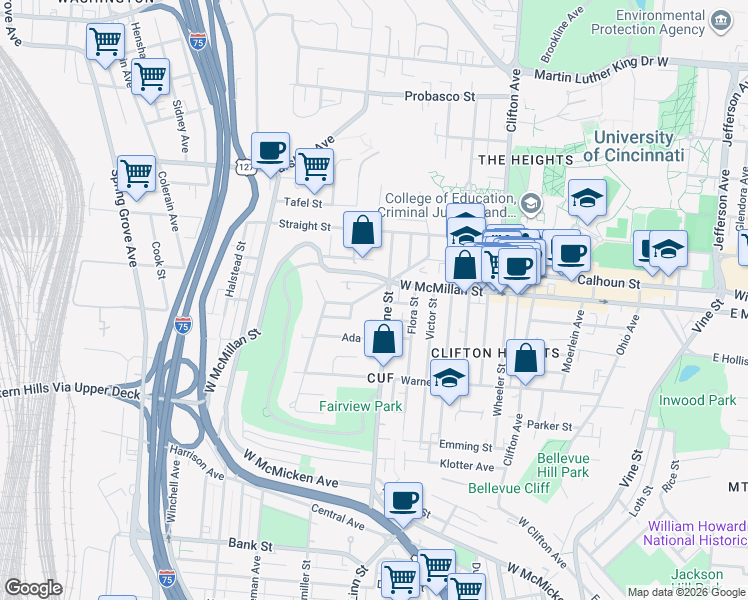 map of restaurants, bars, coffee shops, grocery stores, and more near 2472 Fairview Avenue in Cincinnati