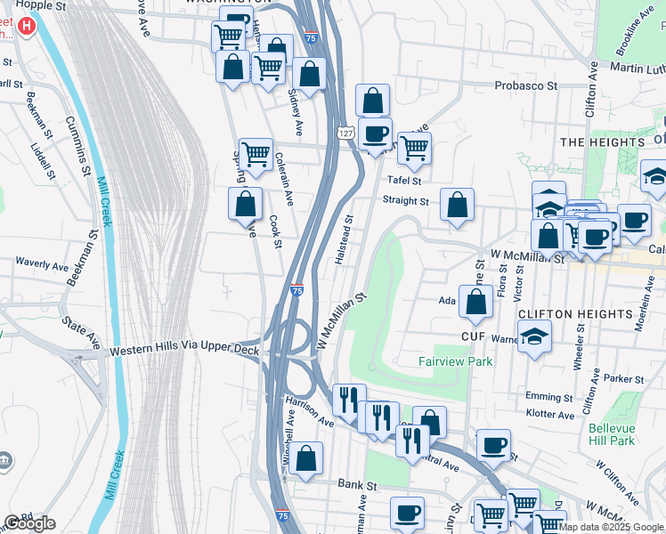 map of restaurants, bars, coffee shops, grocery stores, and more near 2507 Halstead Street in Cincinnati